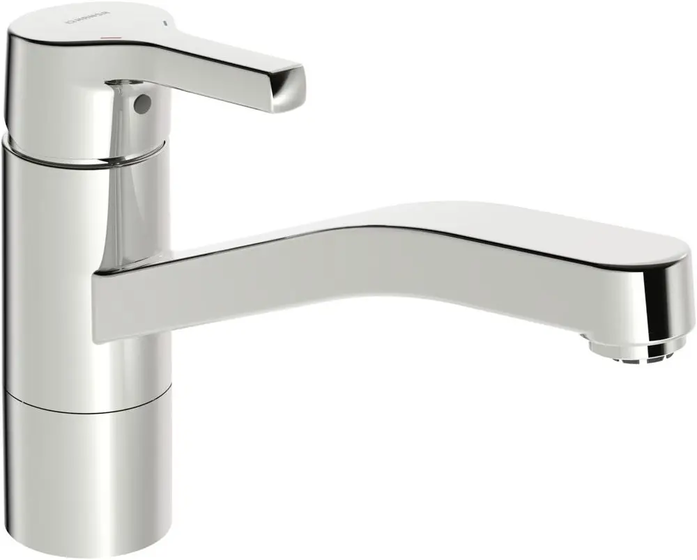 Küchenarmatur mit einem Hebel in chromfarbenem Finish. Der Auslauf ist leicht gebogen. Das Produkt gehört zur Marke HANSA und ist für Niederdrucksysteme geeignet.